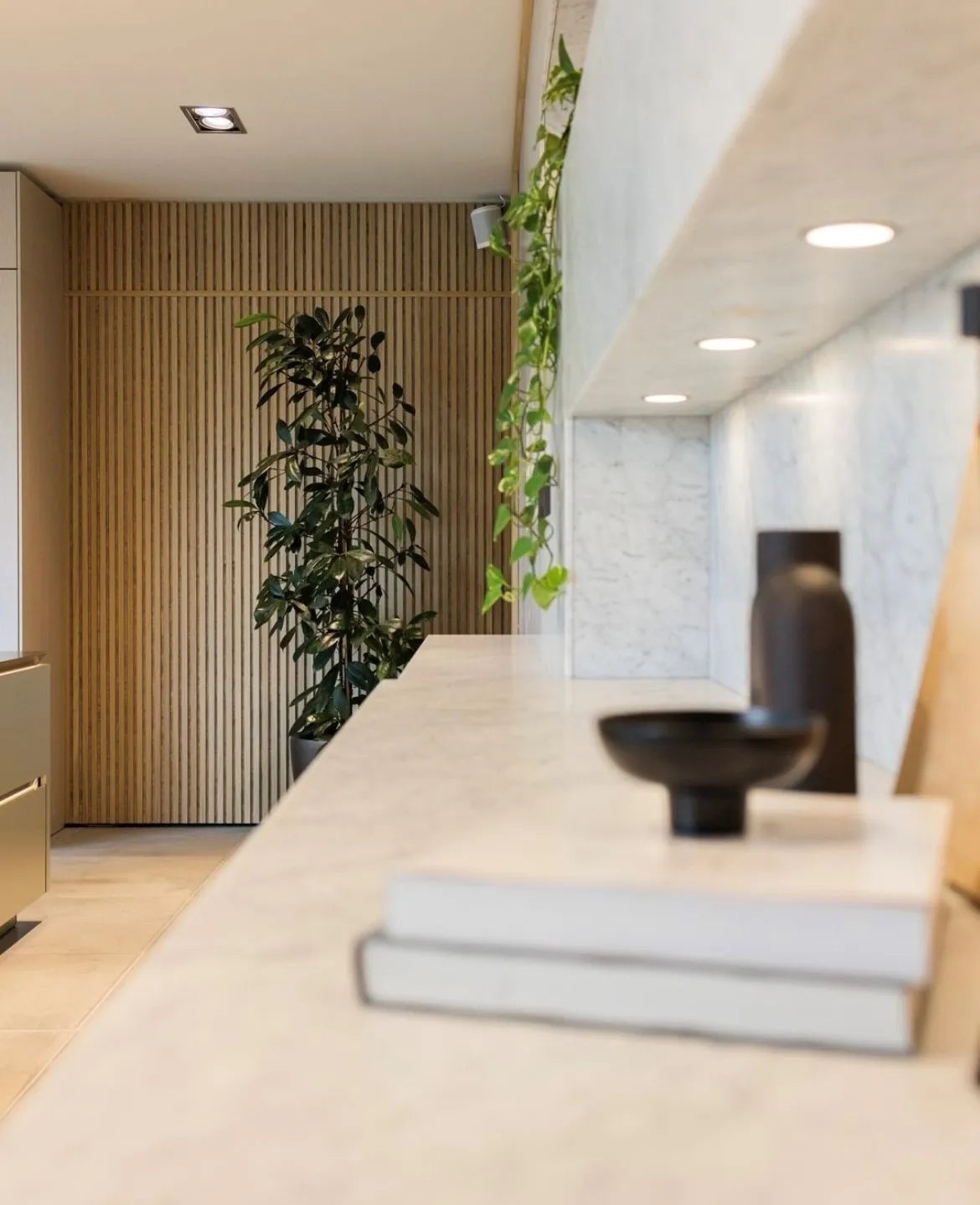 A modern interior with a marble shelf, decorative objects, green plants, and a Nordic Akupanel acoustic wood panel wall in the background.
